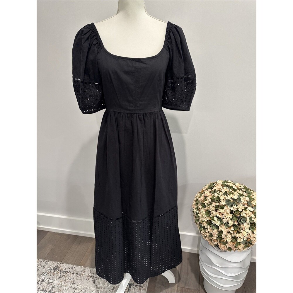 NWT La Ligne Lulu Eyelet Detail Cotton Midi Dress in Black New Size S $450